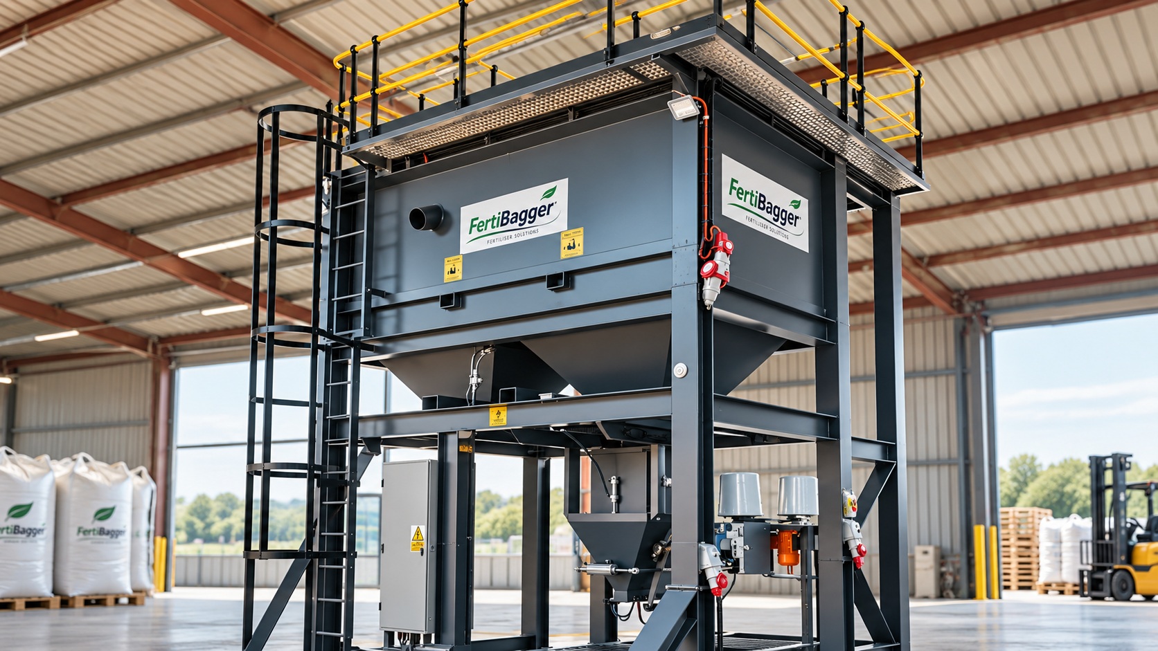 FertiBagger fertilizer weighing and bagging system installed inside an industrial fertilizer plant