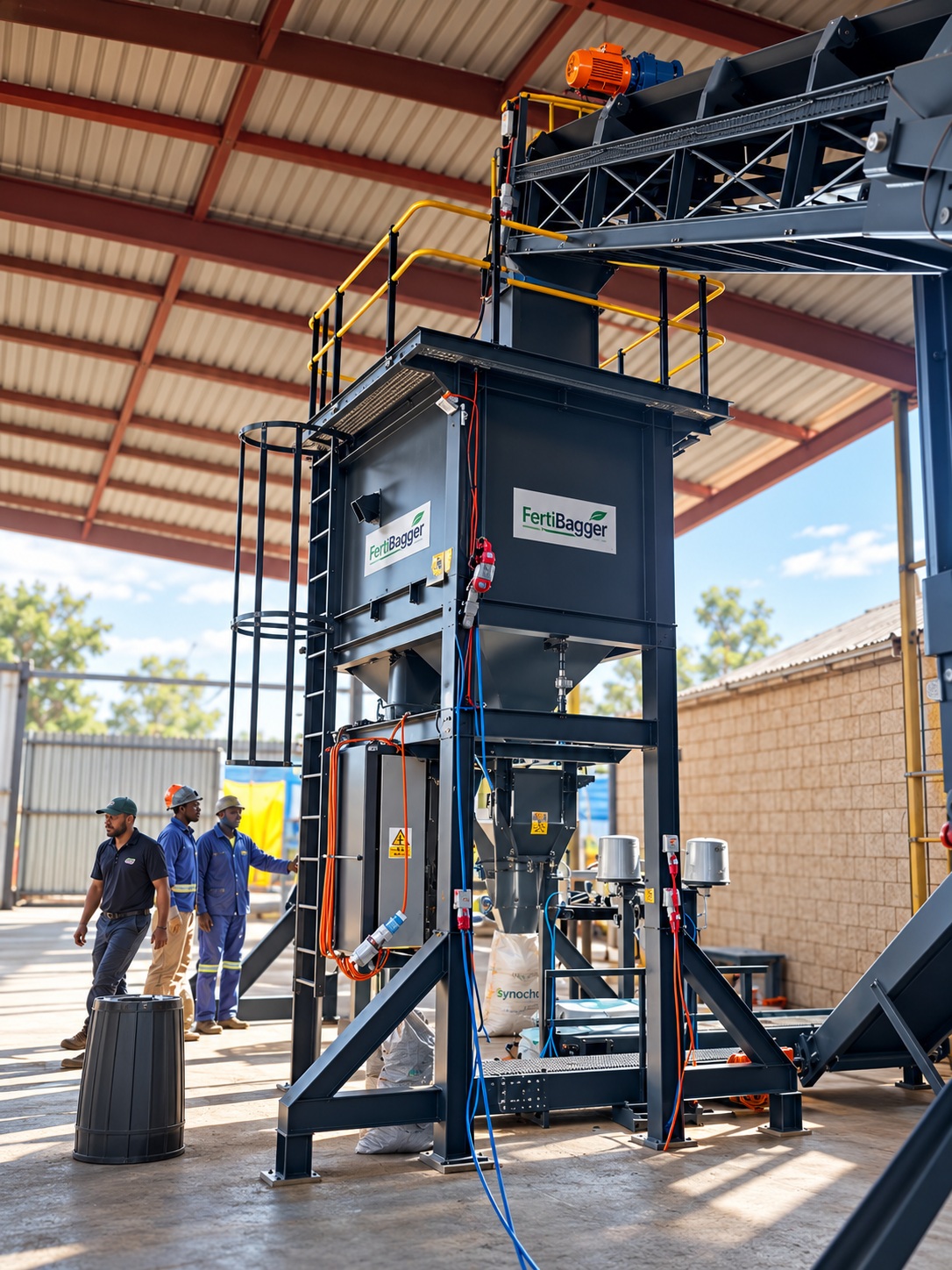Installed FertiBagger fertilizer weighing and bagging system with integrated conveyor, structural frame and bagging equipment