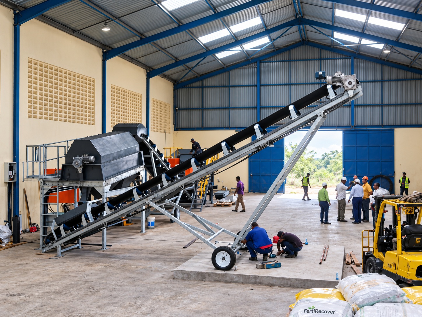 FertiRecover fertilizer recovery equipment with control panels and supporting plant infrastructure during installation