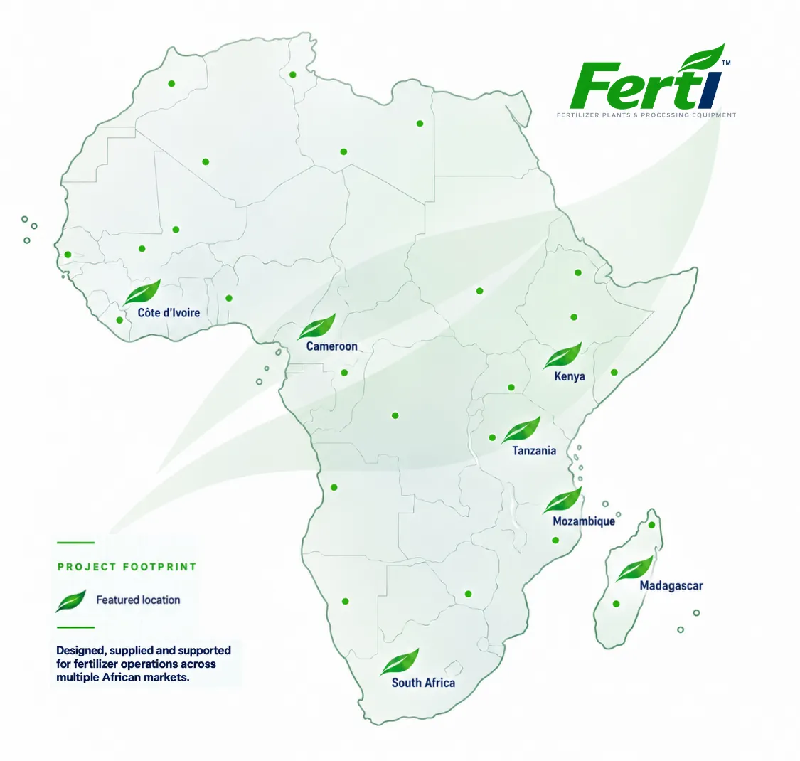 Map showing Ferti and G&G Engineering fertilizer project and equipment experience across multiple African markets.