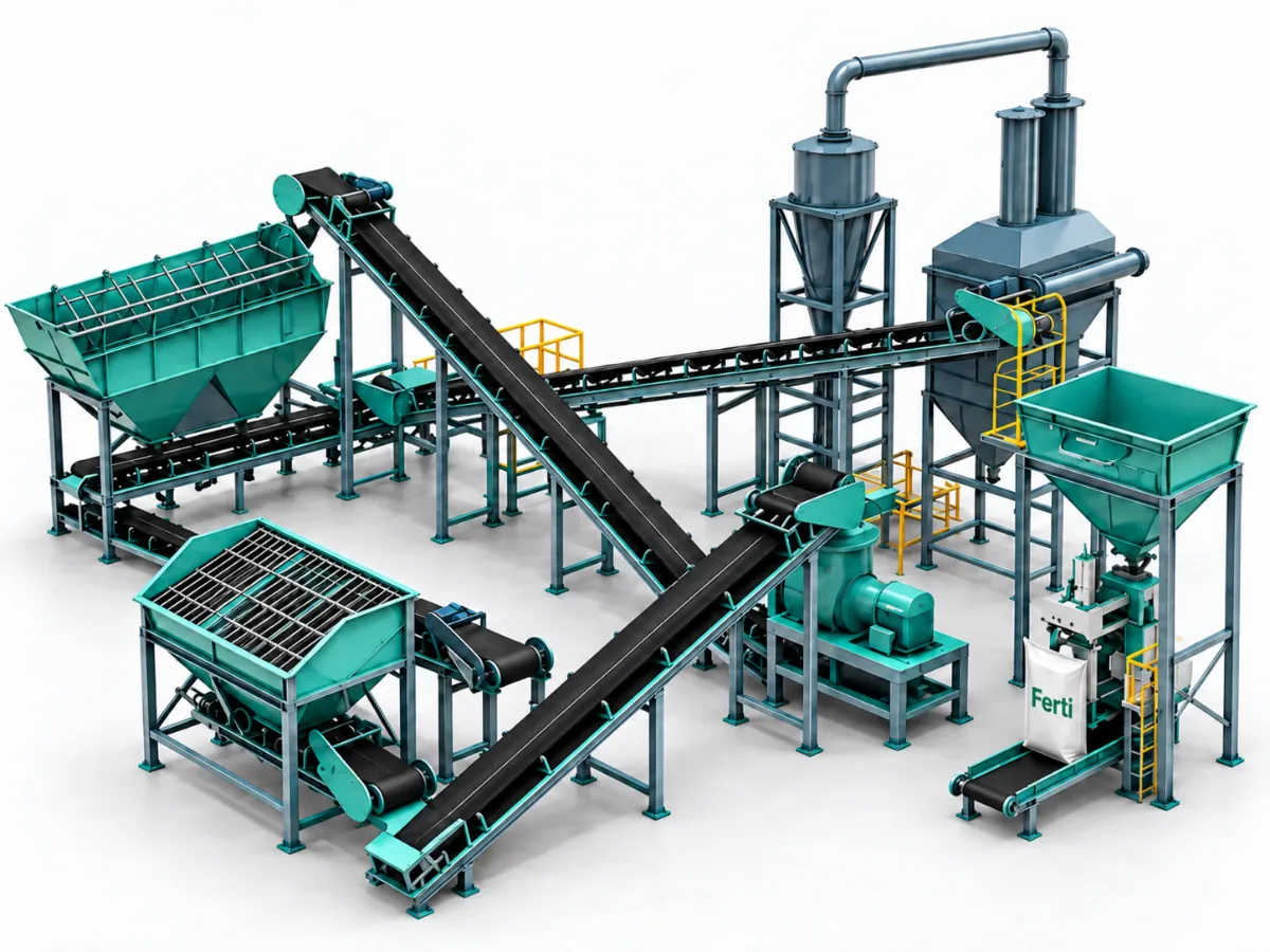 Conceptual fertilizer processing plant showing integrated hoppers, conveyors, processing equipment and bagging systems
