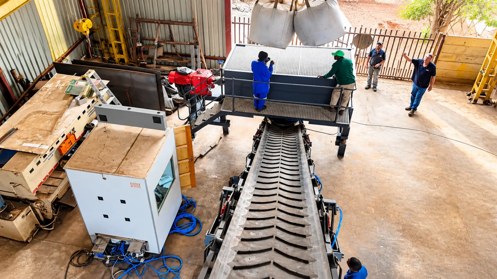 Fertilizer handling equipment being assembled and inspected inside the G&G Engineering workshop in South Africa.