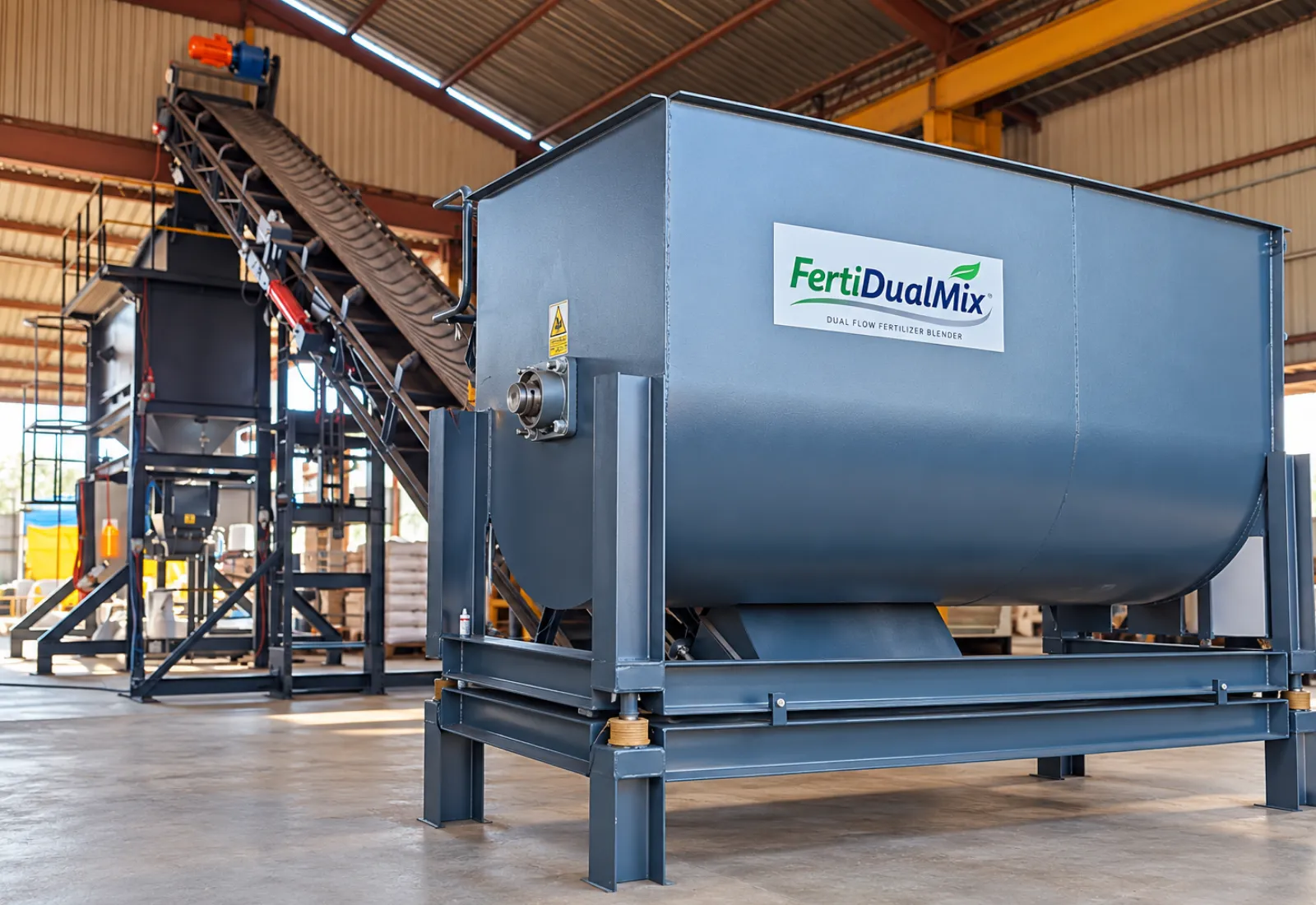 FertiDualMix twin ribbon fertilizer blender installed within a fertilizer processing facility