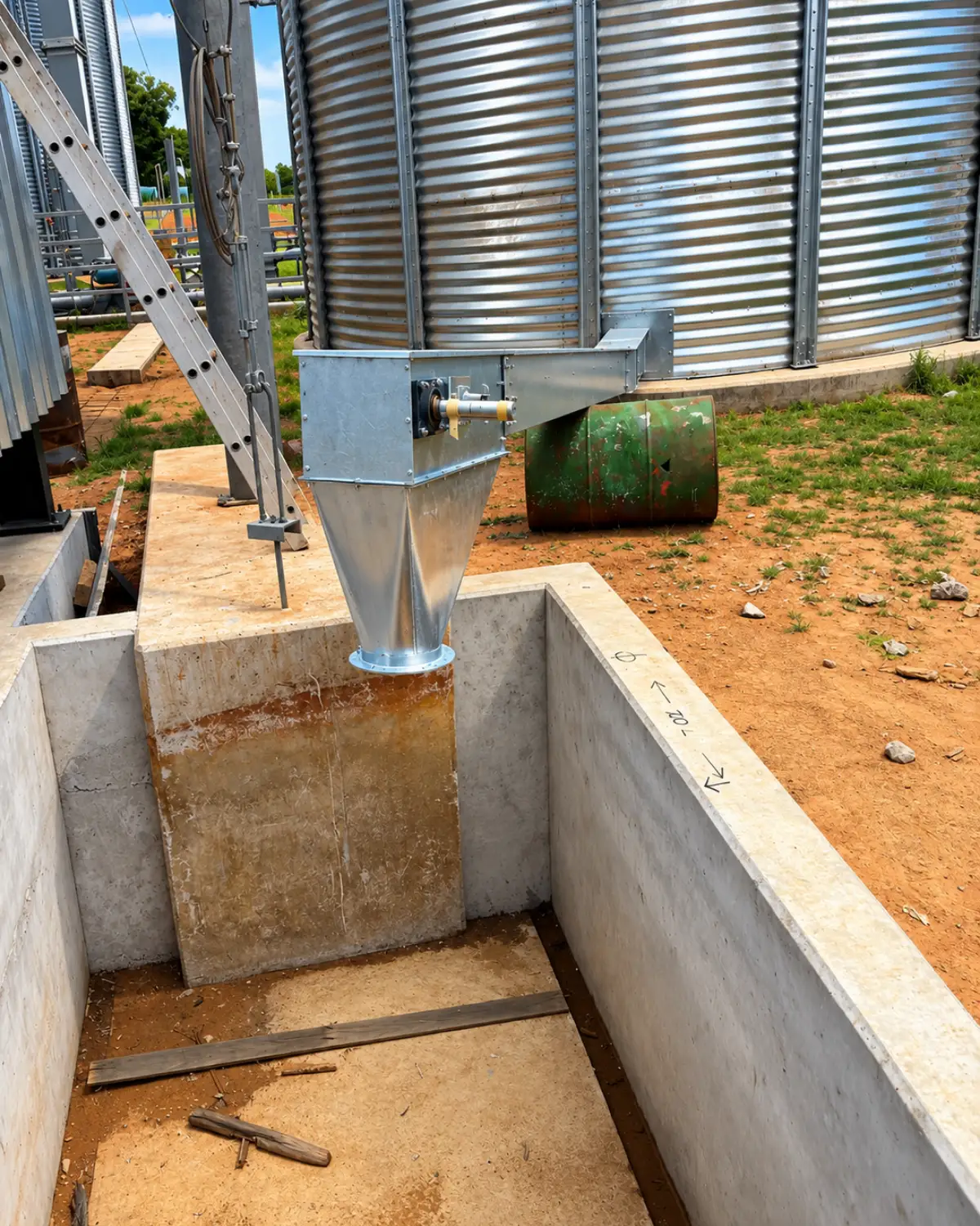 Galvanized silo discharge chute installed above an open concrete receiving pit at an industrial fertilizer plant