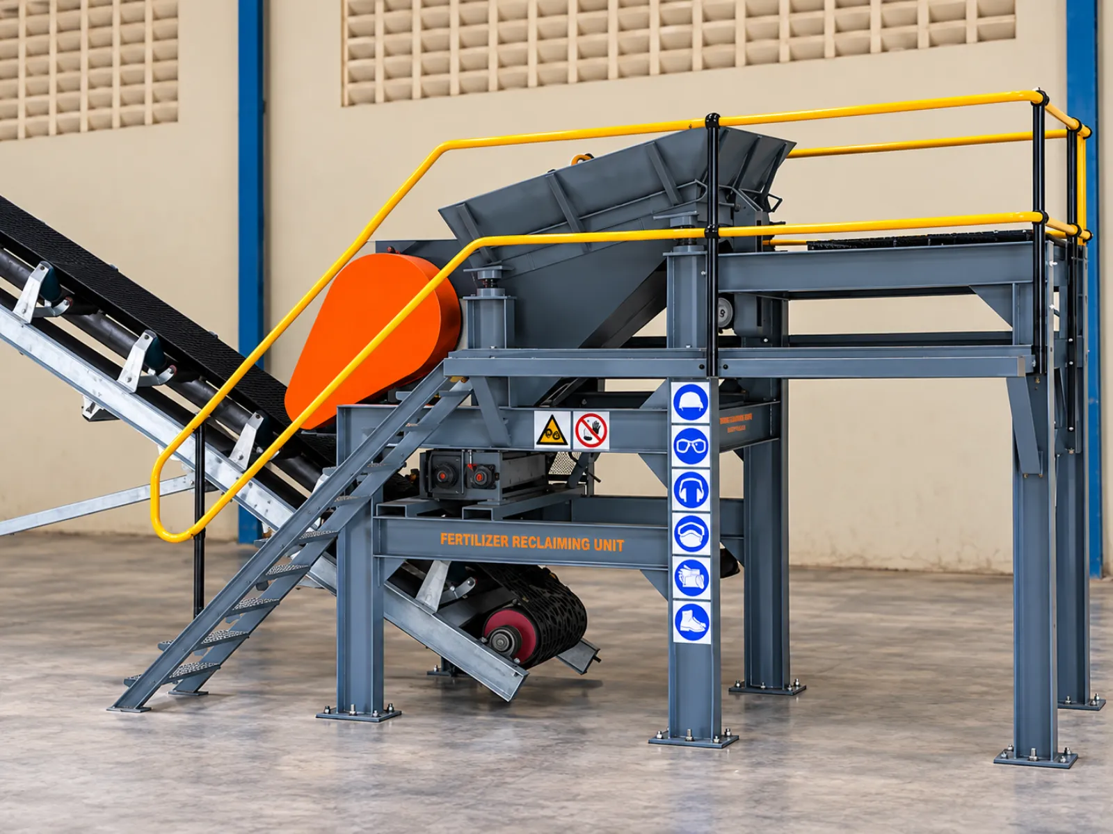 FertiRecover equipment installed in a warehouse for fertilizer recovery and reconditioning
