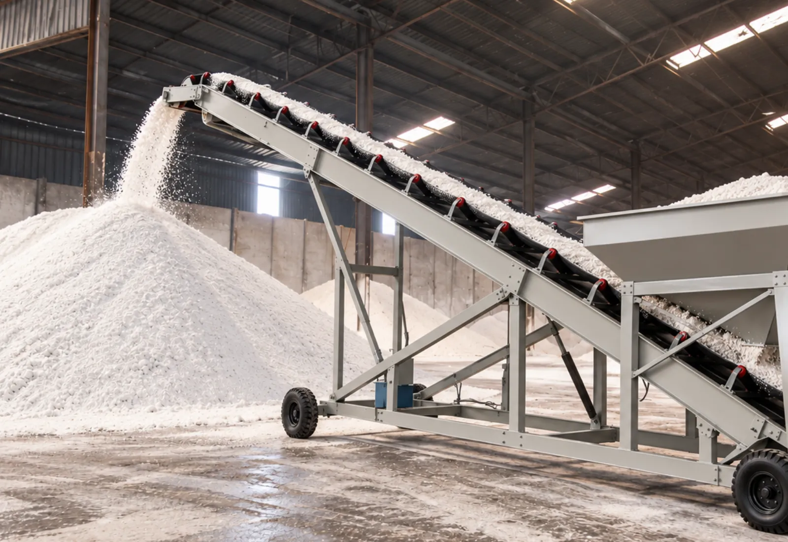 Development-stage concept visual showing FertiStack transferring processed fertilizer from upstream equipment into a stockpile