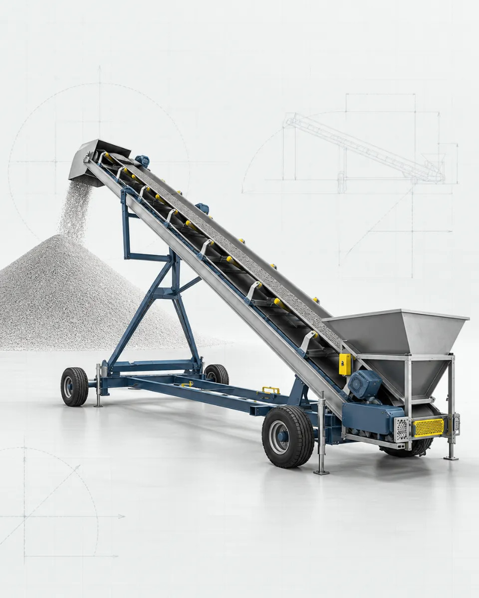 Development-stage concept visual of the FertiStack mobile fertilizer stacking conveyor transferring fertilizer into a stockpile