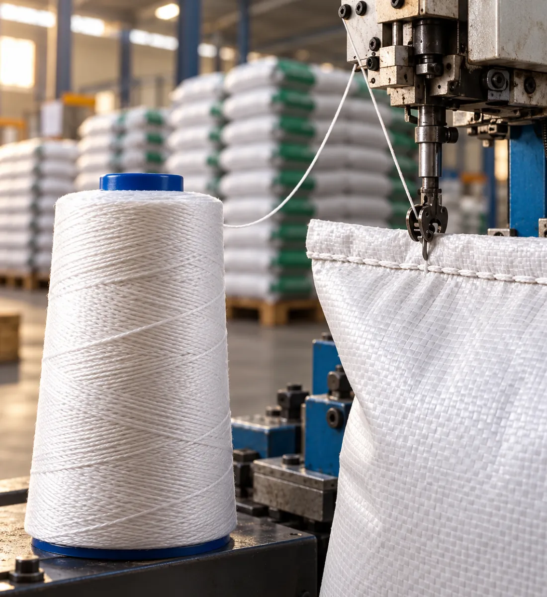 Close-up of an industrial stitcher closing a fertilizer bag on a conveyor line