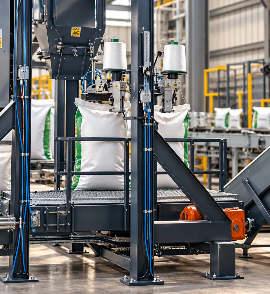 FertiStitch height adjustable fertilizer bag stitching station integrated with a bag conveyor